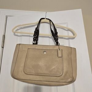 Coach Taupe Leather Shoulder Bag with Black Handles